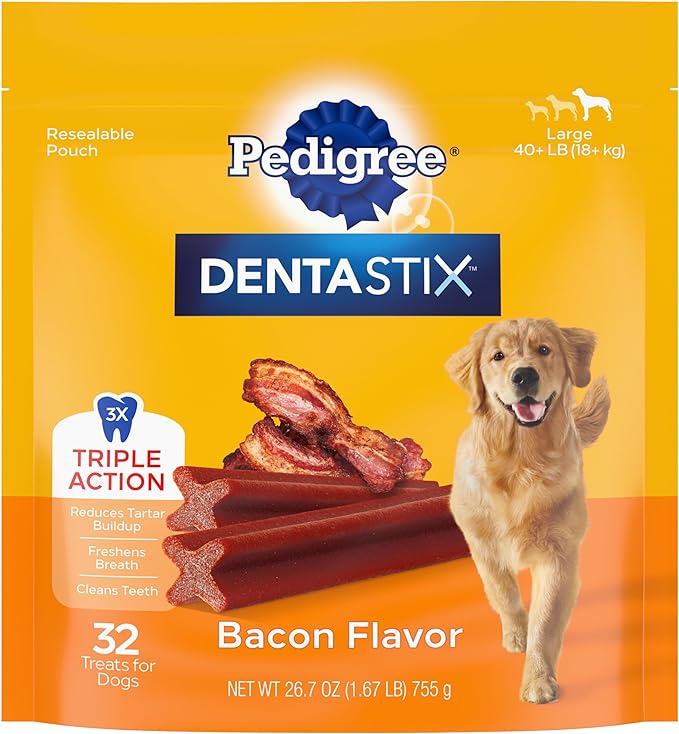 Pedigree Dentastix Large Dog Treats, Bacon Flavor, 1.67 lb. Bag (32 Treats)