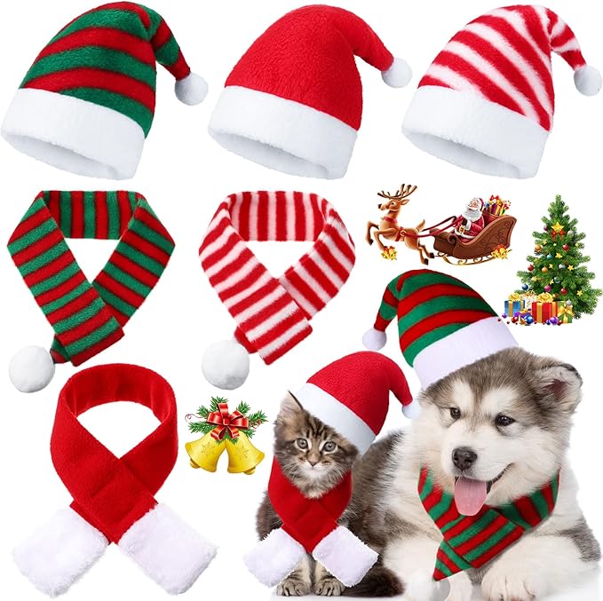 6 Pieces Pet Cat Dog Christmas Hat with Scarf pet Santa Hat Scarf Set Holiday Party Cute Costumes for Small Dogs Cats