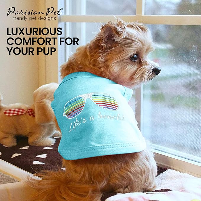 Parisian Pet Dog Tshirt - Embroidered “Life’s a Beach“ Lightweight Tank Top - 100% Cotton, Tee Shirts - Summer Dog Clothes - Machine Washable Shirts for Large Dogs - XL