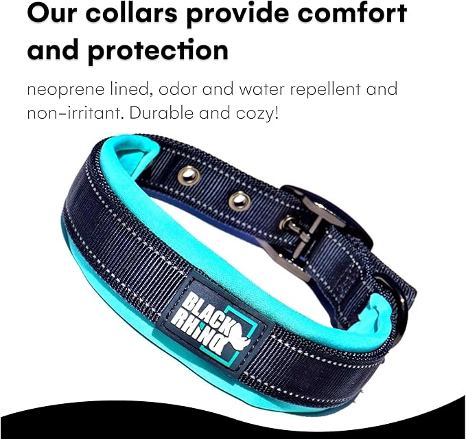 Black Rhino Dog Collars for Medium Dogs - Adjustable Reflective Heavy Duty Dog Collar with Ultra-Soft Neoprene Padding - Weatherproof, Durable, and Comfortable - Ideal for Active Dogs - Aqua and Gray