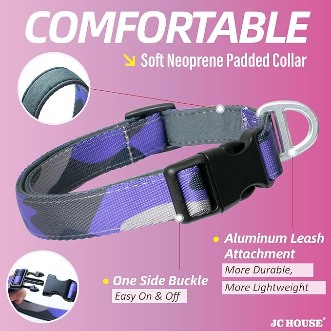 Soft Padded Dog Collar, Neck 16’’-25’’, Adjustable Heavy Duty Collar with 3M Reflective Logo for Medium, Large Dogs, Camo Purple, L