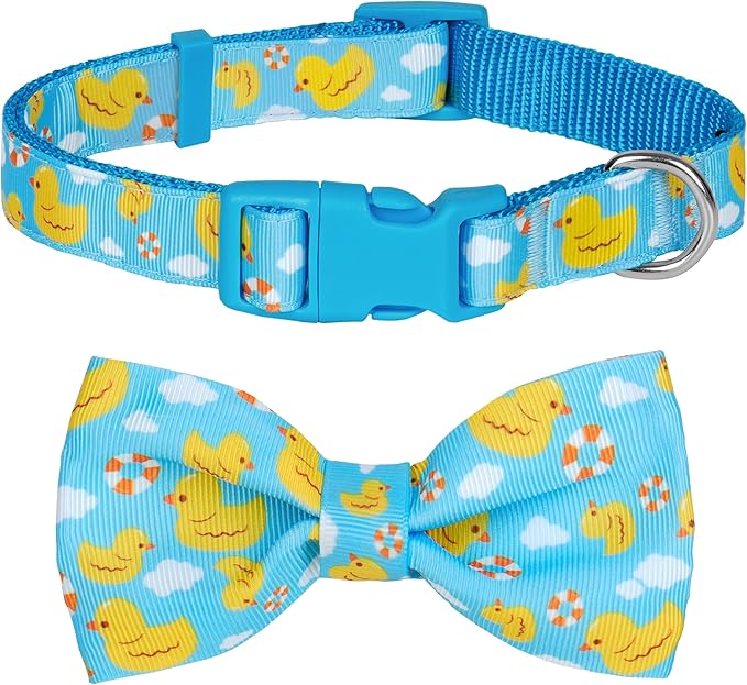 azuza Dog Collar with Bow Tie, Soft and Comfortable Adjustable Bowtie Dog Collar for Small Dogs (S, Yellow Duck)