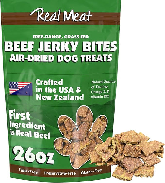 Real Meat Dog Treats - 26oz Bag of Bite-Sized Air-Dried Beef Jerky for Dogs - Grain-Free Jerky Treats Made up of 95% Free-Range, Grass Fed Beef - All-Natural High Protein Treats