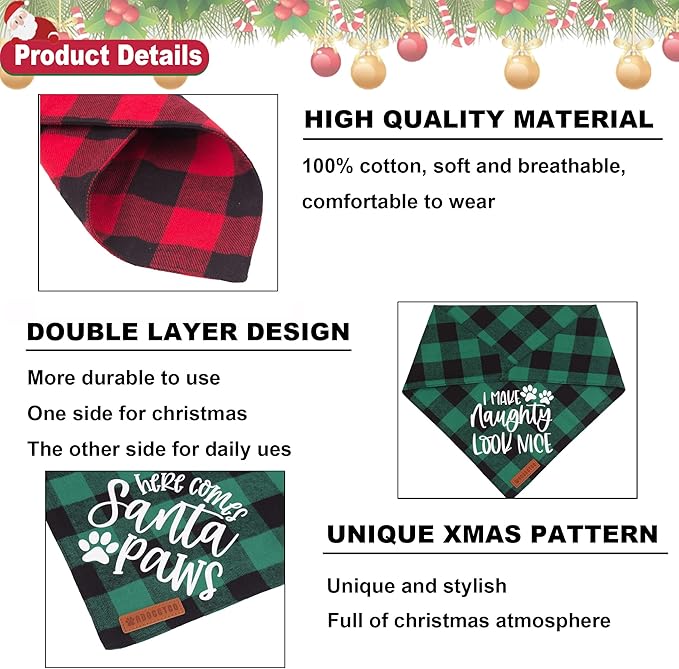 ADOGGYGO Christmas Dog Bandanas 4 Pack, Classic Plaid Triangle Pet Scarf Bibs Kerchief, Multiple Sizes Offered, Red Green Christmas Holiday Bandanas for Medium Large Dogs Pets (Large)
