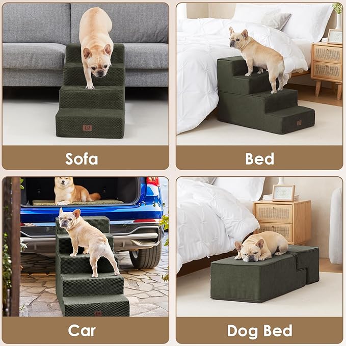 EHEYCIGA Dog Stairs for Bed 20”H, 4-Step Extra Wide Dog Steps for High Bed, Pet Steps for Small Dogs and Cats, Non-Slip Balanced Dog Indoor Ramp, Olive Green