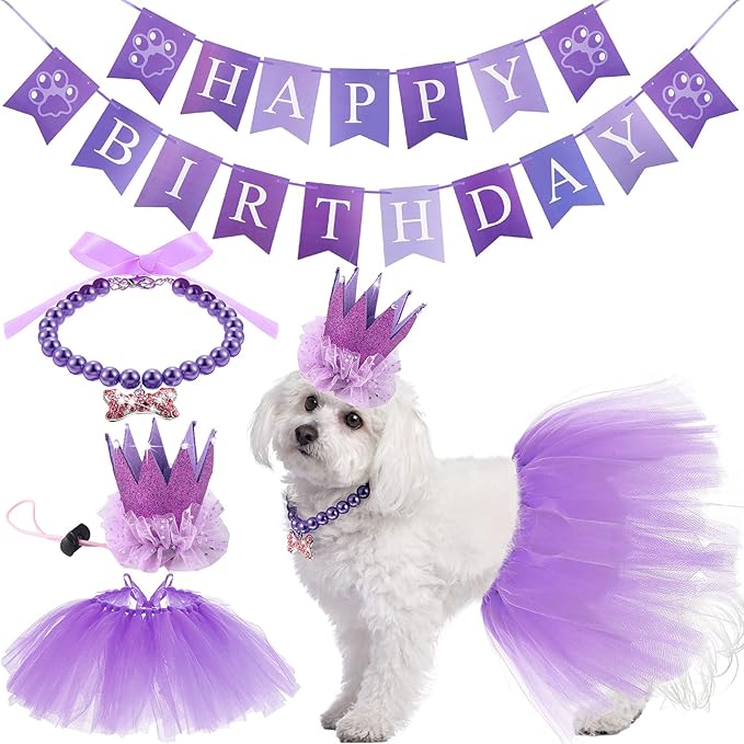 4-Piece Dog Birthday Outfit: Pet Tutu Skirt, Puppy Pearl Necklace, Cat Crown Hat, and Happy Birthday Banner for Pet Party Supplies