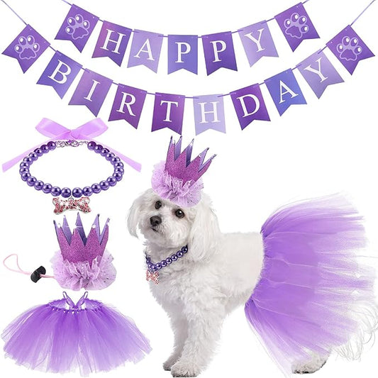 4-Piece Dog Birthday Outfit: Pet Tutu Skirt, Puppy Pearl Necklace, Cat Crown Hat, and Happy Birthday Banner for Pet Party Supplies