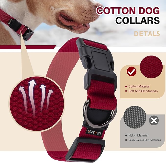 Cotton Soft Dog Collar, Quick Release Dog Collar with Buckle, Heavy-Duty Adjustable Pet Collar for XS Small Medium Large Dog, Colorfast Dog Collars with Removable Tag(L, Red)