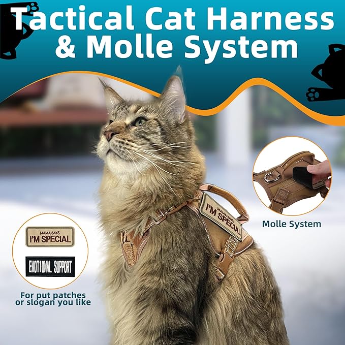 Tactical Cat Harness and Leash Khaki for Walking Esacpe Proof, Adjustable Soft Mesh Large Cat Vest with Handle Easy to Control,Molle Patches L