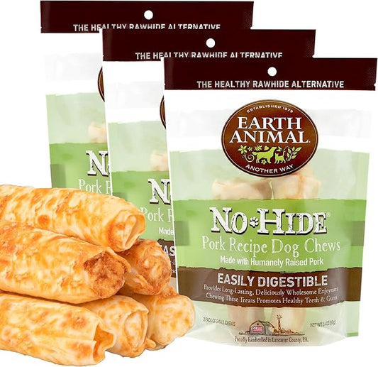 Earth Animal No Hide Small Long Lasting Dog Chew Rolls, Pork, 2 Count Pack of 3