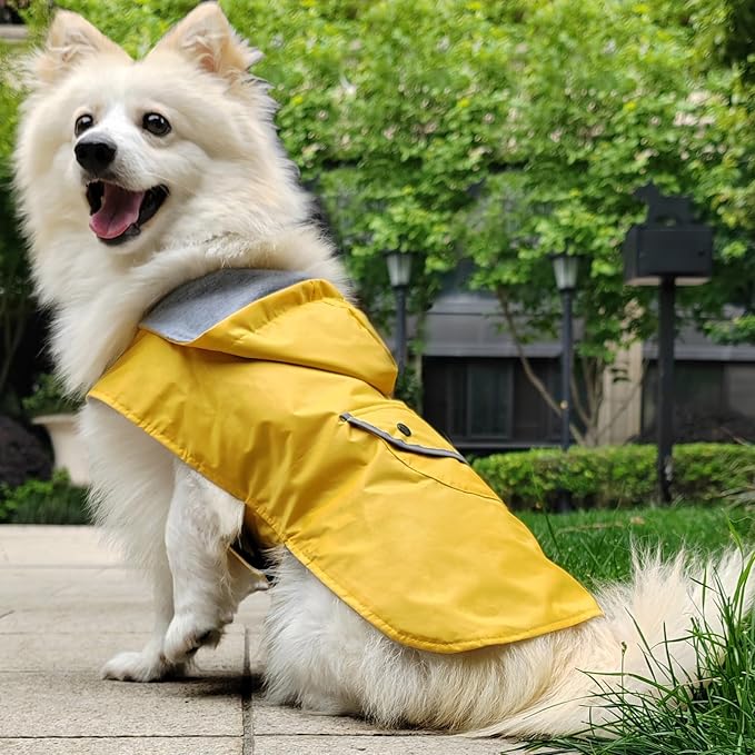 Small Dog Raincoat Puppy Dogs Rain Jacket Reflective Lined Breathable Poncho Rainwear Waterproof Pet Clothes Pocket Hooded Leash Hole Adjustable Puppy,Yellow,XS,Back Length 6.3 Inch