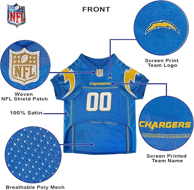 Pets First NFL Los Angeles Chargers Dog Jersey, Size X-Small. Best Football Jersey Costume for Dogs & Cats. Licensed Jersey Shirt