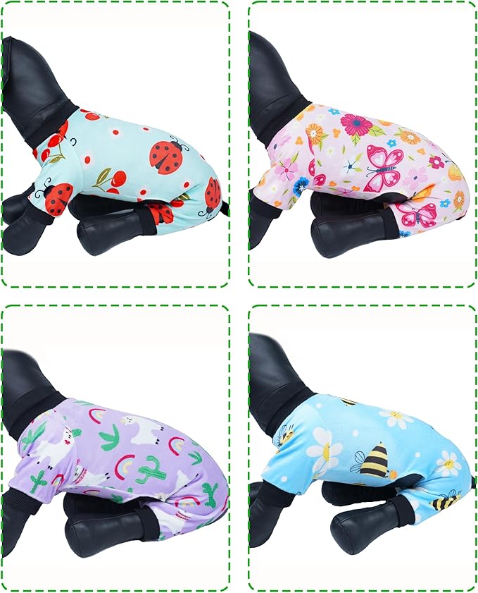 PET SHOW 4 Pack Small Dog Pajamas Spring Dog Clothes for Medium Dogs Girl Boy Soft Stretchy PJs Bee Ladybug Jumpsuit Puppy Floral Onesies Outfits with Sleeve Pets Dachshund Costume(XXL, Spring)