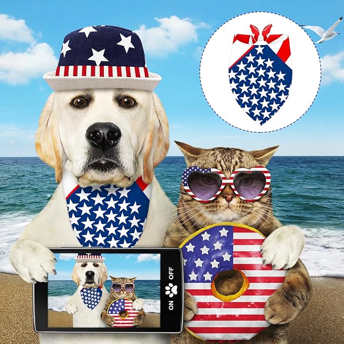 Eccliy 20 Pcs 4th of July Dog Bandanas for Pets Memorial Day Dog Bandanas Gifts Independence Day Pet Scarf Washable Triangle Bibs American Flag Patriotic Adjustable Pet Kerchief for Cat