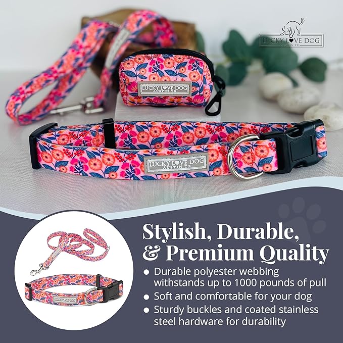Lucky Love Dog - Easy Click Buckle Dog Collar with Leash Set Combo, Durable & Comfortable for Male & Female Dogs, Pet Collar for Small to Large Dogs, Secure Fit - Floral Rosie Combo, Medium