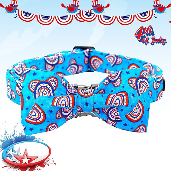 Lionheart glory American Flag Dog Collar, 4 of July Dog Bow Collar Heavy Duty Adjustable Patriotic Dog Collar with Bowtie for Small Dogs Pet Gift