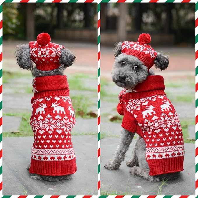 PETCARE 3 Pack Dog Christmas Costume - Cute Red Reindeer Snowflake Christmas Dog Sweater Scarf Hat Set - Pet Dog Cat Puppy Xmas Outfits Costume for Small Medium Dogs Cats Clothes