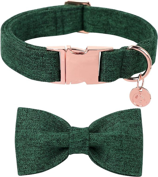 DOGWONG Hemp Cotton Dog Collar with Bow, Christmas Green Pet Collar Durable Adjustable Puppy Collar for Large Dogs