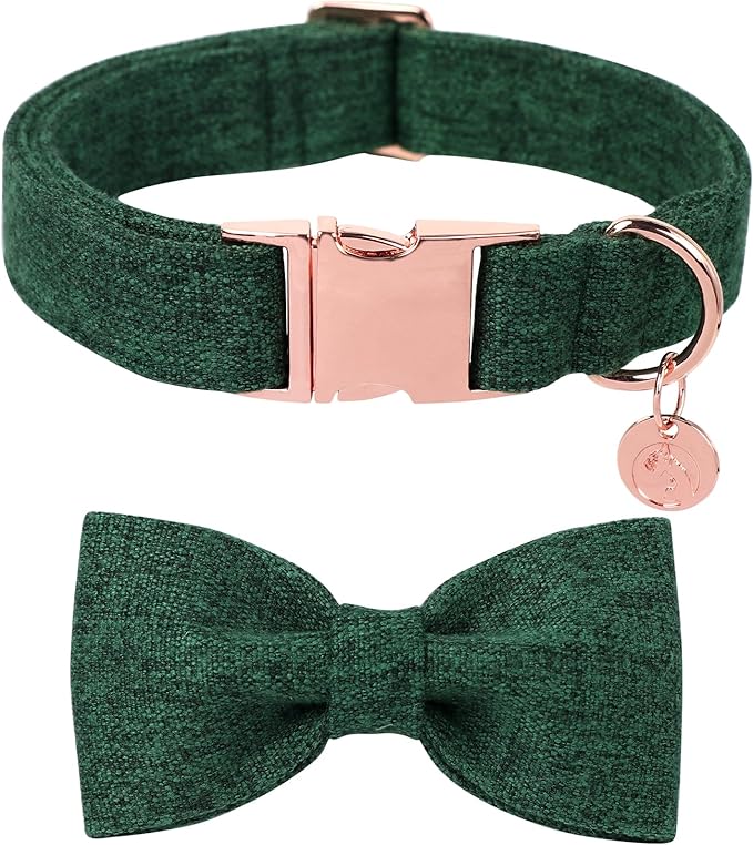 DOGWONG Hemp Cotton Dog Collar with Bow, Christmas Green Pet Collar Durable Adjustable Puppy Collar for Small Dogs