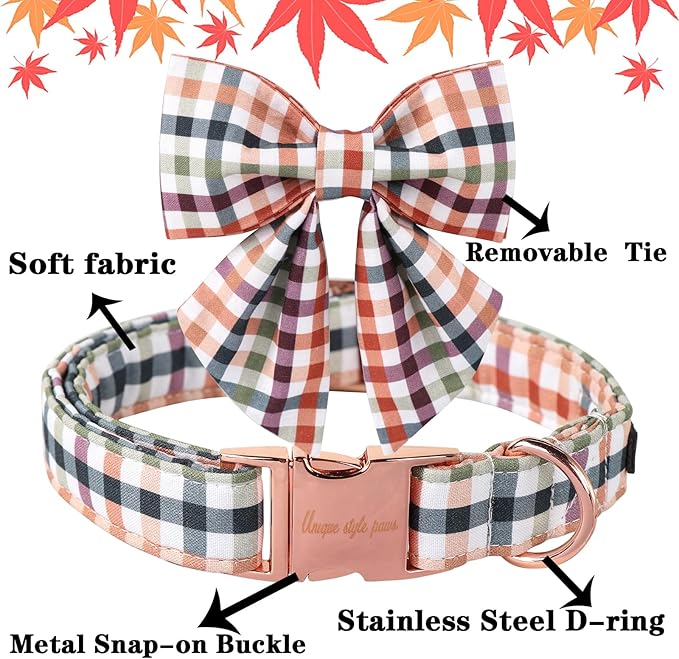 Unique Style Paws Cotton Dog Collar with Bow Floral Plaid Colorful Dog Collar with Bow Tie for Small Medium Large Dogs Pets Gifts