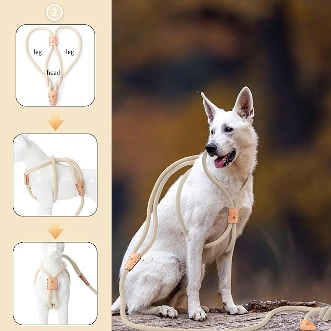 Mile High Life Harness Lead No Pull, All in one Dog Lead 2-in-1, Rope Leash and Harness Two in One, Slip Leash for Puppy Small Dogs Training, 4FT White