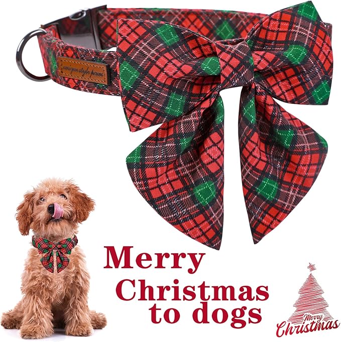 Unique style paws Christmas Dog Collar with Tie Red Green Plaid Adjustable Cotton Puppy Collar for Small Medium Large Dogs-S