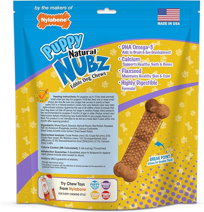 Nylabone Nubz Natural Edible Dog Chew Treats for Puppies, Long Lasting Dog Bones Made in USA, Turkey & Sweet Potato Flavor, for Puppies Up to 25 lbs. (28 Count)