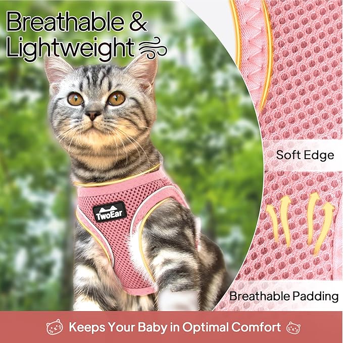 TwoEar Cat Harness Escape Proof, Soft Dog Vest Harness Adjustable, Breathable Mesh Step-in Puppy Walking Jacket Reflective Easy Control for Extral Small Pets for Outdoor Walking(XXS, Pink)