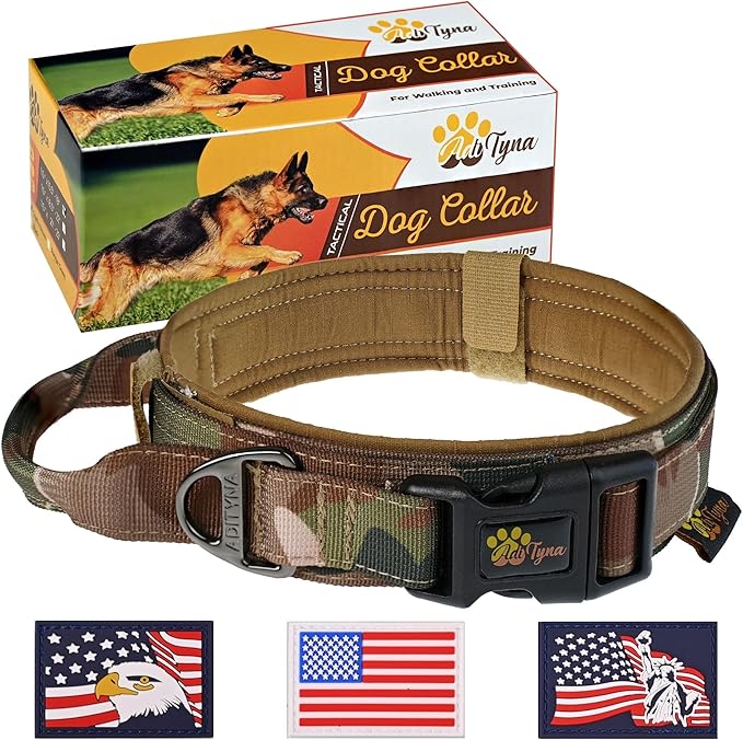 ADITYNA Tactical Dog Collar for Medium Dogs - Soft Padded, Heavy Duty, Service, Adjustable, Military, K9 Camo Medium Collar with Handle for Training and Walking