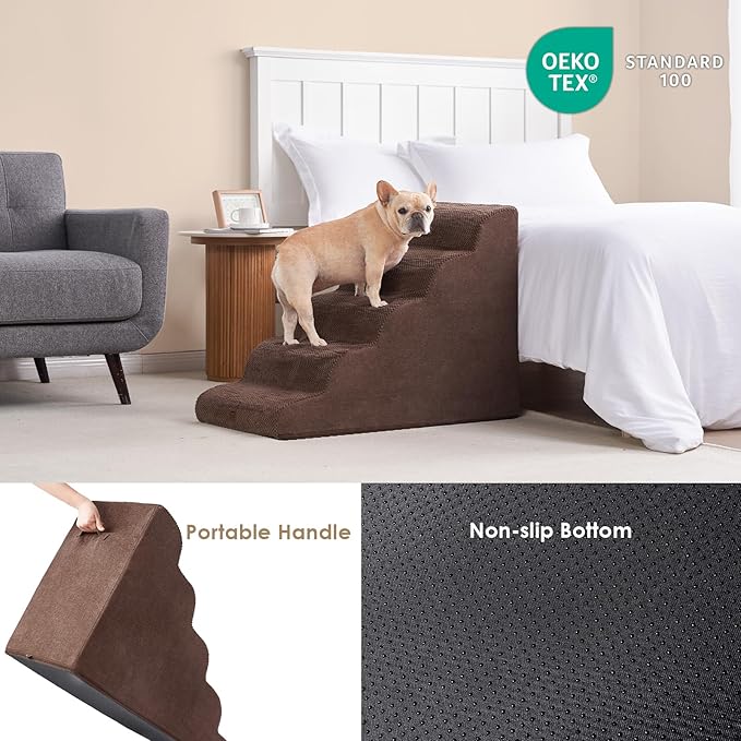 EHEYCIGA Curved Dog Stairs Ramp for High Beds, 5-Step Extra Wide Dog Steps for Small Dogs and Cats, Pet Stairs for High Bed Climbing, Non-Slip Balanced Pet Step Indoor, Brown