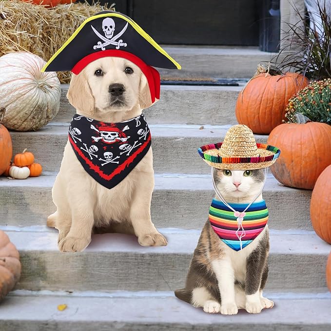 Eccliy 8 Pcs Dog Costume Accessories Formal Dog Tuxedo Bandana Collar Cowboy Pet Pirate Hat Mexican Sombrero Hat for Fiesta Wedding Halloween Outfit Accessories Photo Prop Party Supplies