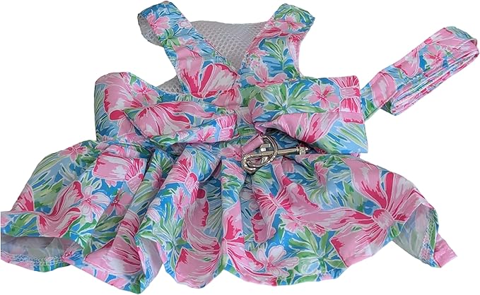 Dog Dress Bow Tie Harness Leash Set Harness Dress for Small Dogs Cute Dog Pet Girl Puppy Summer Clothes for Female Bunny Clothes Yorkie Chihuahua Training Walking (Medium, LilyPawlitzer)