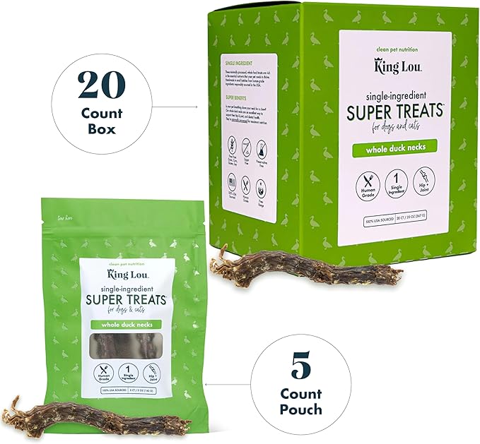 King Lou Pets - Whole Duck Necks for Dogs and Cats - Single Ingredient Dog Treat - Dehydrated Cat Treats - USA-Made Dog and Cat Treats - Supports Hip and Joint Health - 5 Count