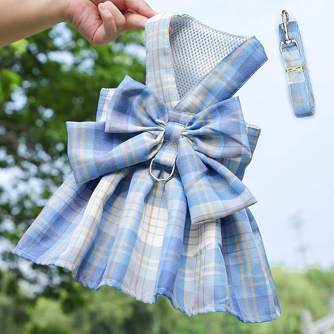 Dog Harness and Leash Set, Cute Bow Tie Plaid Harnesses for Puppy Cat, Adjustable Pet Kitties Vest, Breathable Harness Traction Rope for Boy Girl Small Animal(Skirt Sky Blue,M for 5.5-8.8lbs Dog)
