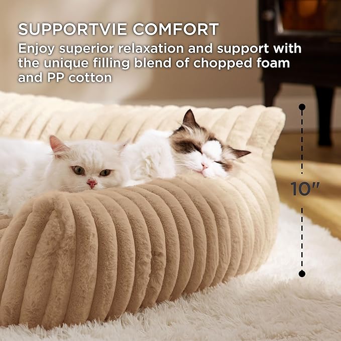 Bedsure Cute Couch for Pets - Fluffy Cat Sofa with Premium Soft Corduroy Fleece, Fuzzy Couch Bed with Removable Washable Cover, Supportive Cat Chair, 24in, Tuscan Beige