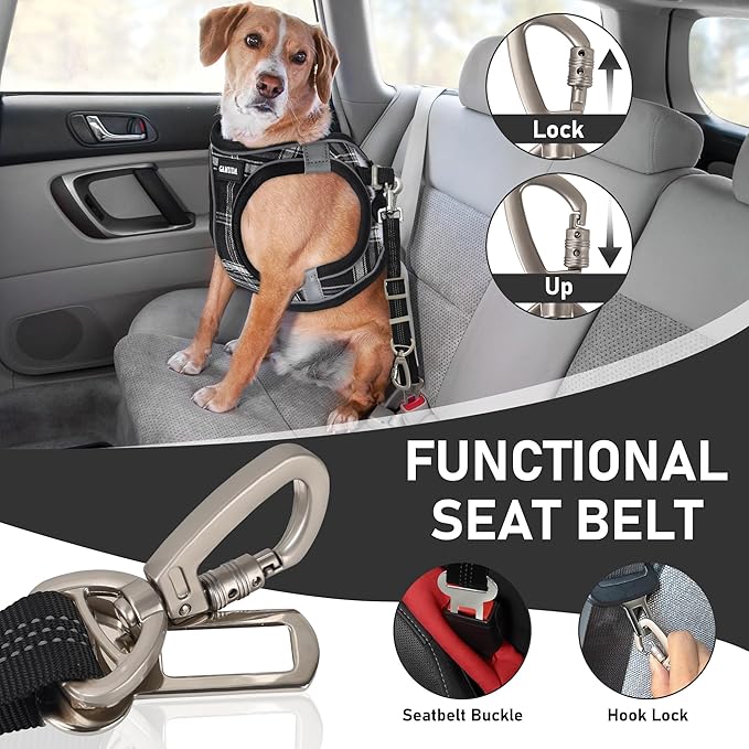 GAMUDA Dog Harness, Collar and Seat Belt Set, Vehicle Safety Harness, Retractable Adjustable Pet Seatbelts with Travel Strap and Carabiner for Most Cars (Black, M)