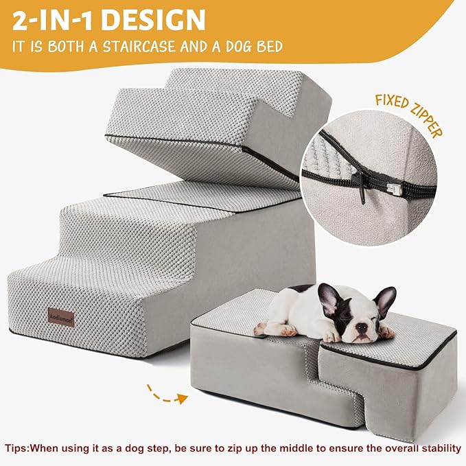 Dog Stairs for Small Dogs & Cats, 4-Step Non-Slip Pet Steps for Beds & Couches, Light Grey, 18.5" H