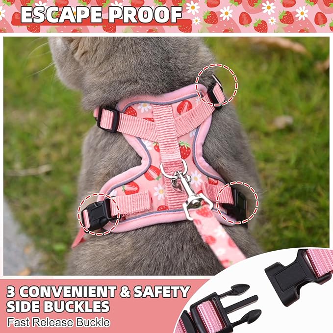 KOOLTAIL Cat Harness and Leash Set, Escape Proof for Safe Walking & Travel, Reflective Comfortable Easy Control Adjustable Kitten Harness for Boys&Girls Small Medium Large Cats Strawberry S