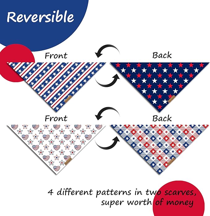 4th of July Dog Bandanas 2 Pack, 4 Pattern Reversible Holiday Bandana for Boy and Girl, Premium Durable Fabric, Summer Triangle Scarf for Small to Medium Breed Dogs (Small)