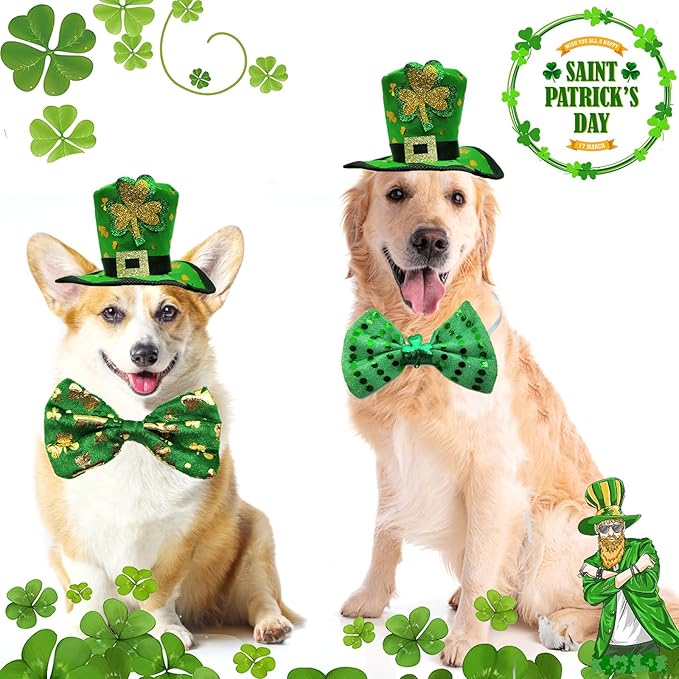 3PCS St Patrick's Day Pet Costume, St. Patty's Day Dog Top Hat Green Shamrock Bow Tie Doggie Collar Set for Large Dogs Puppy Outfit Cats Kitty Funny Irish Dog Clothe Accessories