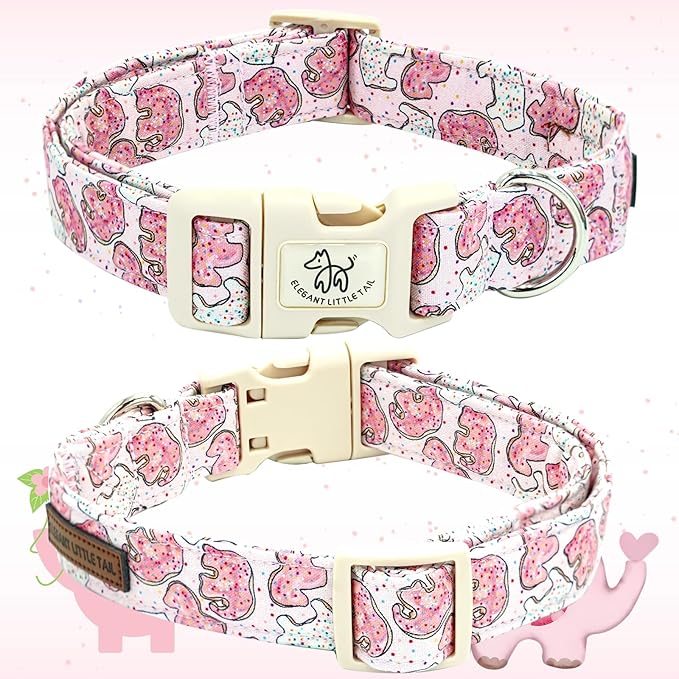 Elegant little tail Dog Collar, Elephant Cookies Pattern Pet Collar Pink Durable Holiday Female or Male Adjustable Cotton Pet Collar with Quick Release Buckle for Large Dogs