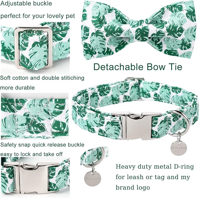 Summer Bow Tie Dog Collar, Comfortable Cotton Dog Collar with Bowtie for X-Large Dog Girl Boy, Hawaiian Dog Collar with Metal Buckle,Green, XL