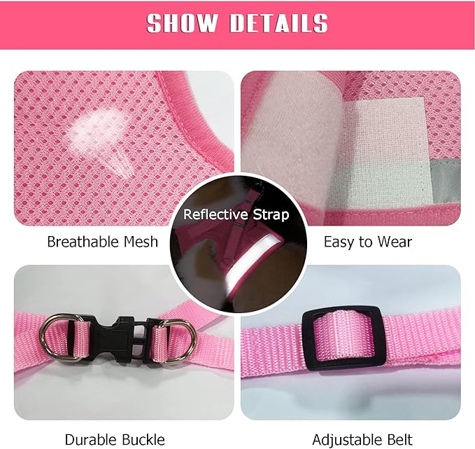 FEimaX Dog Harness and Leash Set for Walking, Soft Mesh Adjustable Easy Control Lightweight Cat Vest Harnesses with Reflective Strips, Escape Proof Small Dogs Cats Vests (Pink, X-Large)