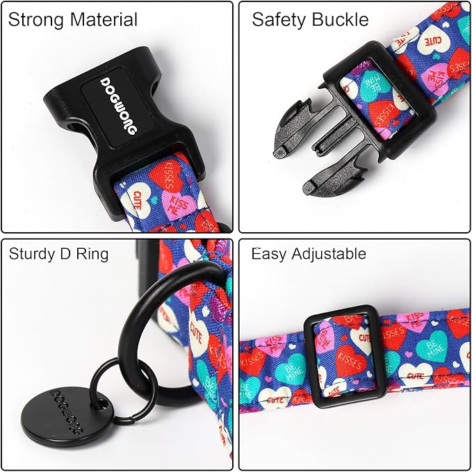 DOGWONG Valentine's Dog Collar - Blue Heart Chocolate, Multicolor - Small, Soft Cotton - Perfect for Small Dogs