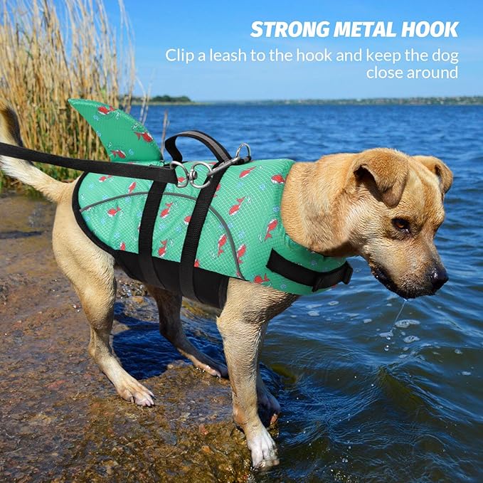 Queenmore Medium Dog Life Jacket, Dog Life Vest for Swimming with Shark Fin, Ripstop Dog Lifevests for Boating with Handle/Leash Hook, Pet Safety Water Vest for French Bulldogs Dachshunds