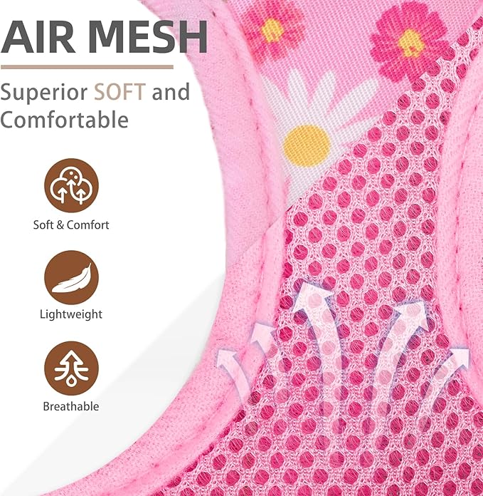 PUPTECK Dog Harness and Leash Set for Small Medium Dogs No Pull Step-in Soft Mesh Puppy Cat Vest Harnesses Reflective at Night, Pink Floral, M