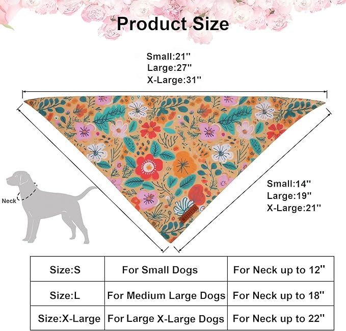 ADOGGYGO Floral Dog Bandana, Orange Green Flower Pet Scarf, Adjustable Fit Floral Bandanas for Extra Large Dogs Pets (X-Large)
