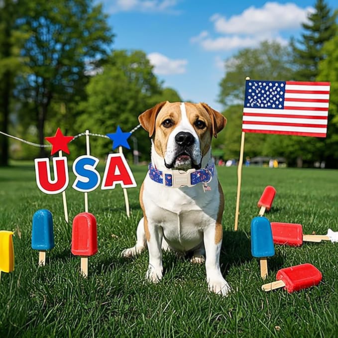 Lionet Paws 4th of July Dog Collar- Cute Summer Blue Dog Collars with Plastic Buckle and Flag Pendant, Light Adjustable Dog Collars for Small Medium Dogs