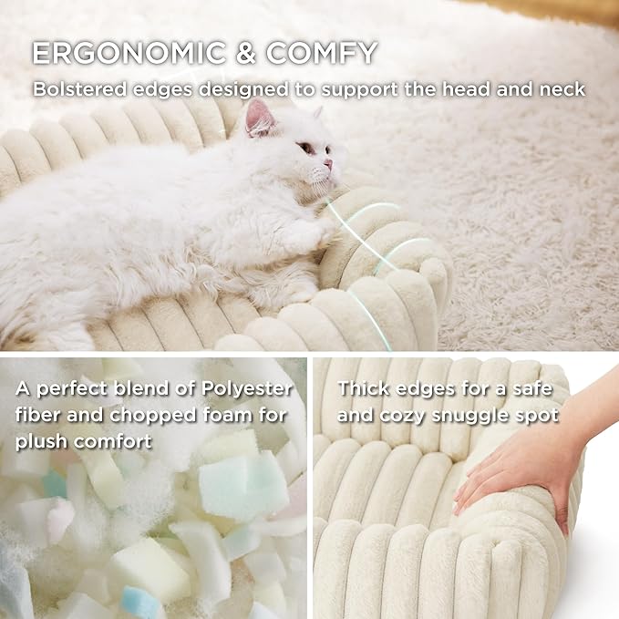 Bedsure Cute Dog Bed for Small Dogs & Cats - Washable Furry Cat Beds, Rectangle Orthopedic Corduroy Fleece Puppy Beds with Removable Zipper Cover, 20x19x6inches, Cream