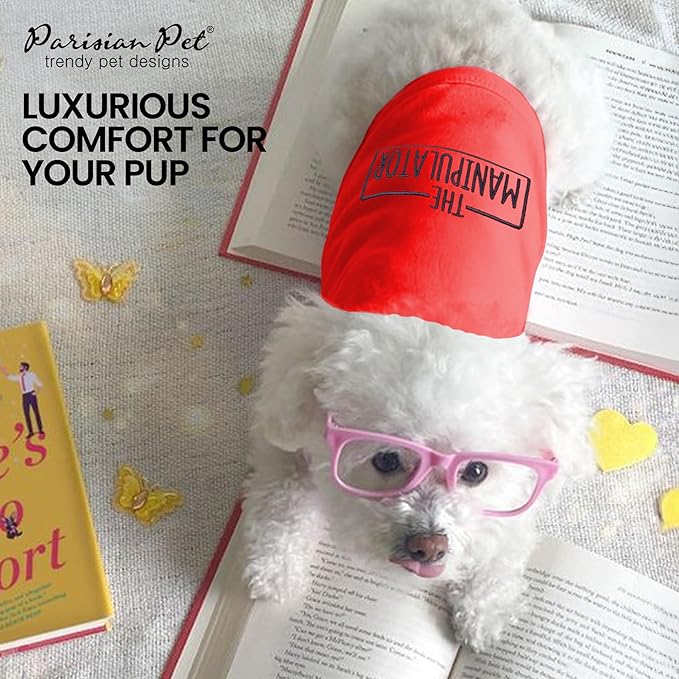 Parisian Pet Dog Tshirt - Embroidered “ Manipulator “ Tank Top - Breathable and Lightweight Dog Clothes - Sleeveless Red Tee Shirts - Machine Washable Shirt for Small Dogs - XS